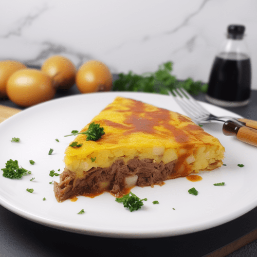Tortilla de patata con hogao, salsa criolla y carne desmechada - Imagen 2