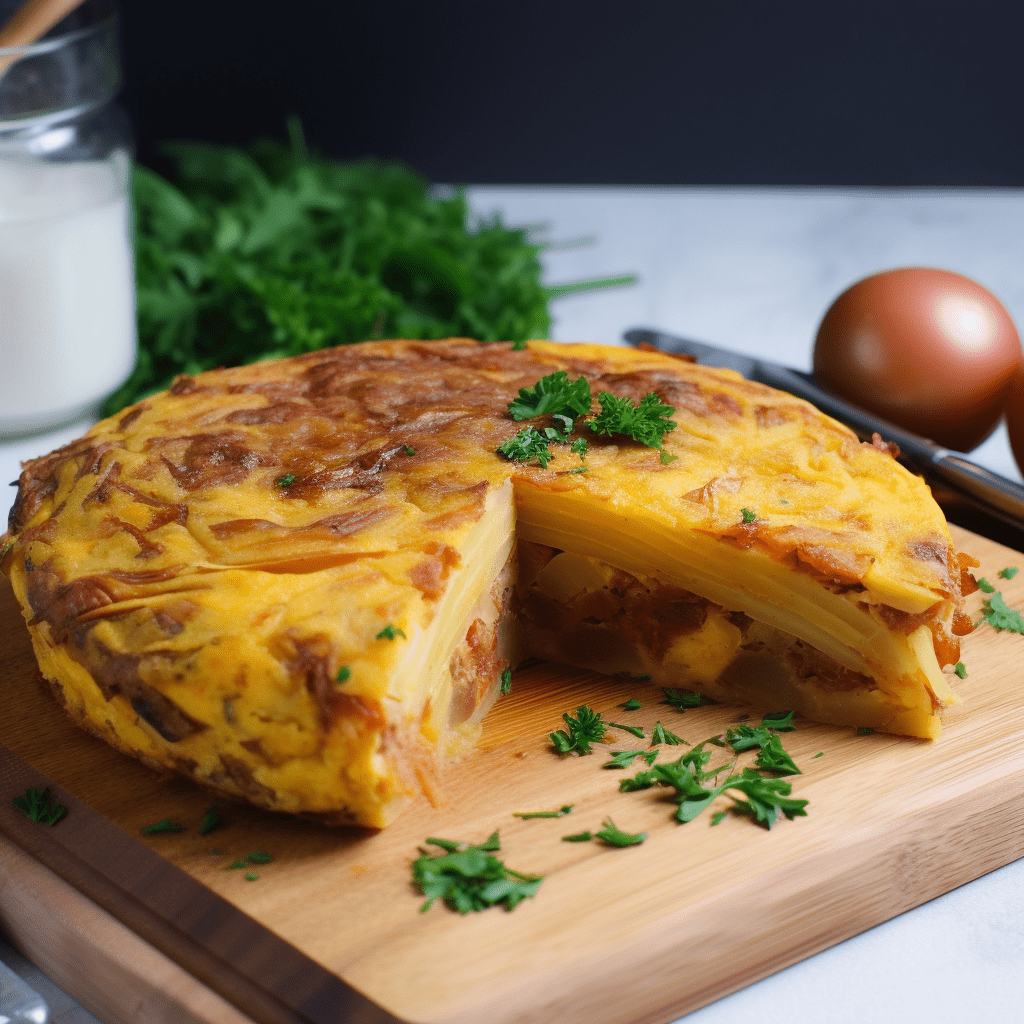 Tortilla de patata con hogao, salsa criolla y carne desmechada